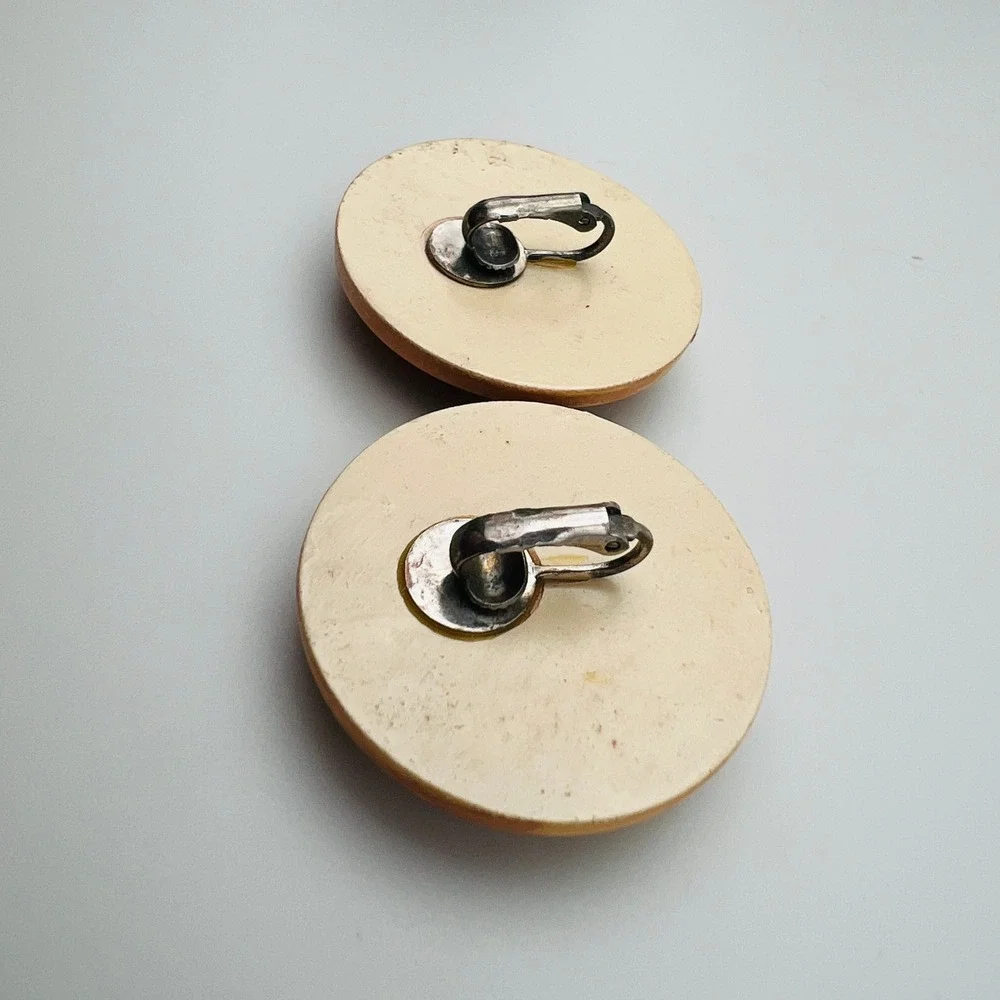 Vintage Yellow Marbled Clip On Earrings Round Button Statement Retro